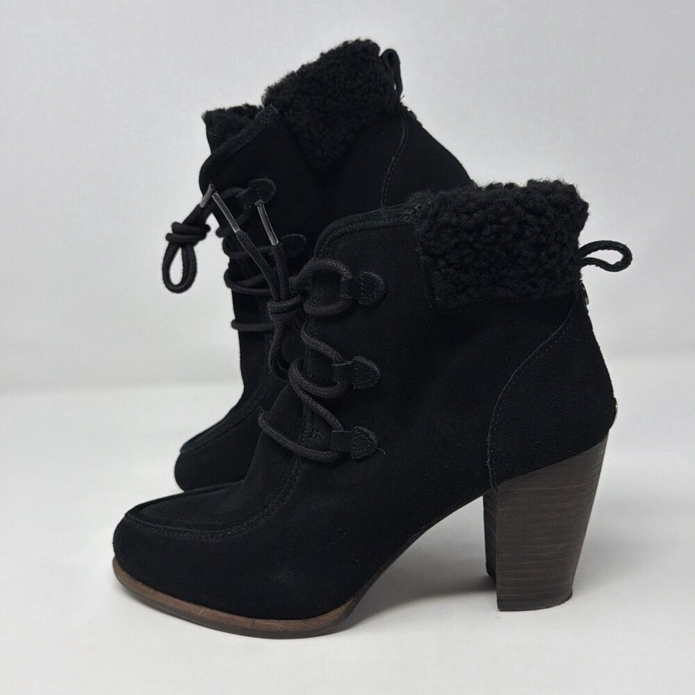 UGG Australia Analise Suede Shearling Lace Up Heel Ankle Boots Black Womens 7